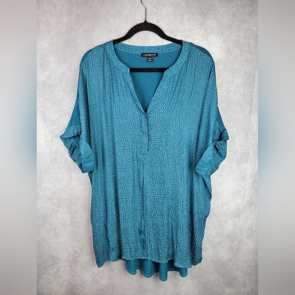 Lane Bryant  Teal Dot Mix Media Split Neck Top Size 18/20 - Picture 2 of 12